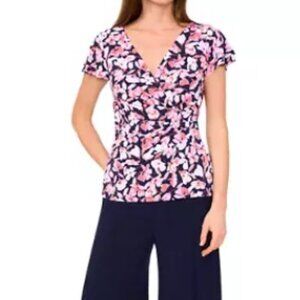 Vince Camuto Women's Flutter Sleeve Floral Wrap Top, Navy/Pink